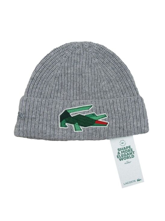 Lacoste Other - Lacoste Crocodile Big Patch Grey Wool Beanie Cap One Size NEW
